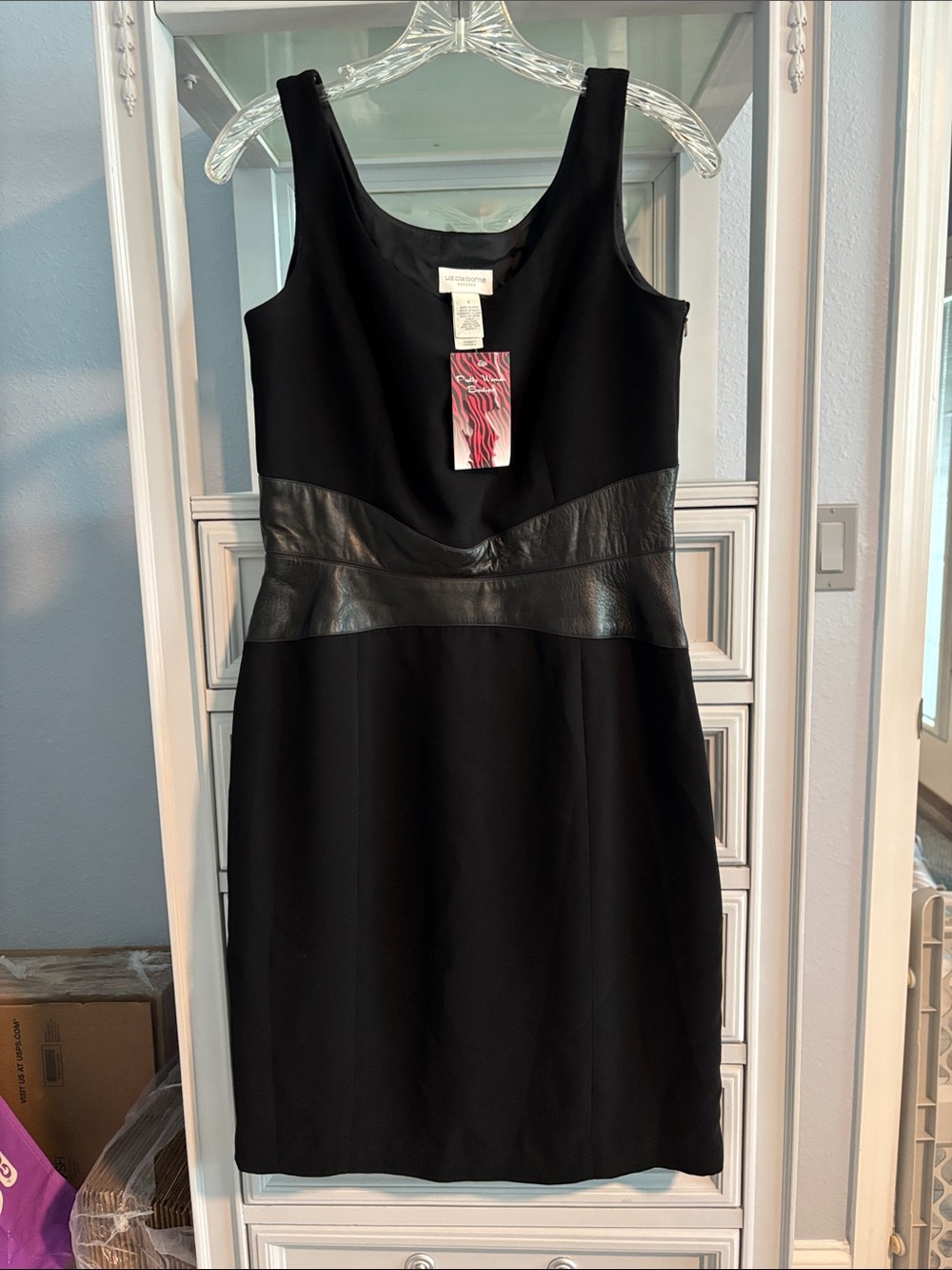 Liz Claiborne Black Sleeveless Midi Dress with Faux-Leather Waist